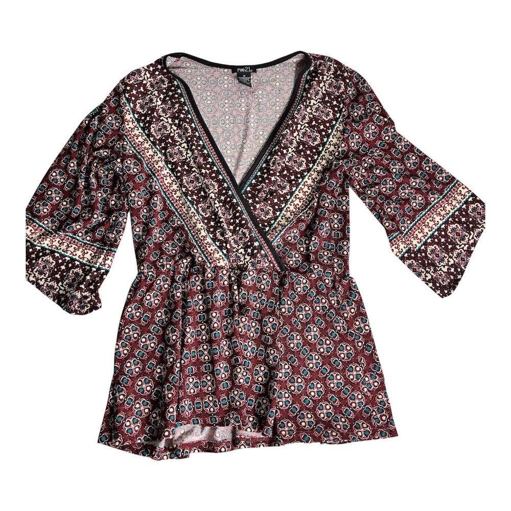 Y2K Boho Fairy Western Top Red V Neck Peplum Medium Medallion Print Gypsy